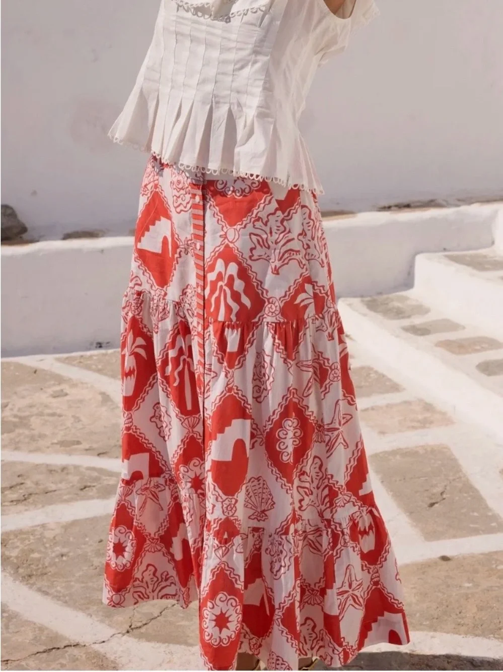Oliphant Button Front Tiered Midi Skirt in Asterias Red Medium